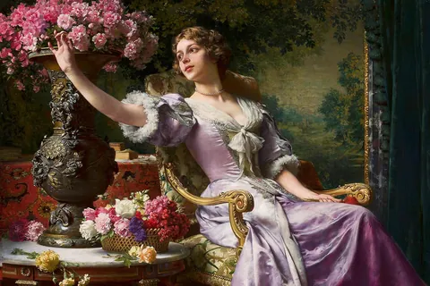Dame in fliederfarbenem Kleid mit Blumen / Władysław Czachórski