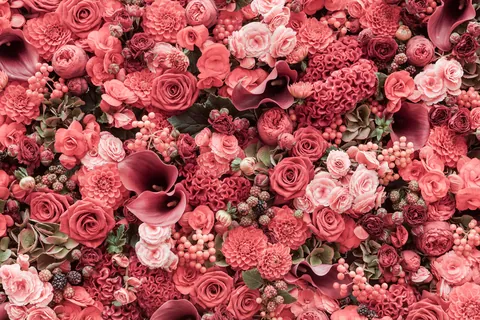 薔薇など赤い花のフラワーアレンジメント