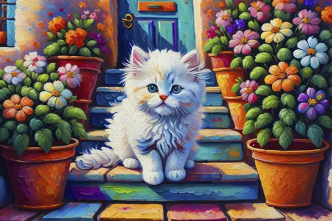 玄関ポーチの白い子猫