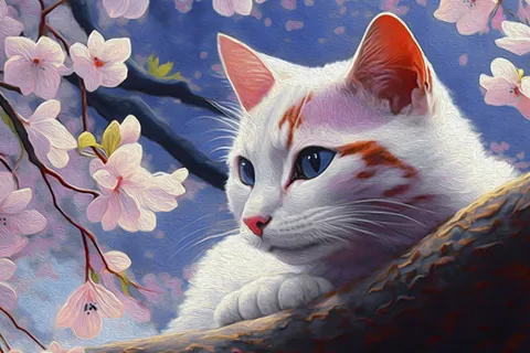 桜と白い猫