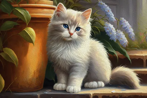 植木鉢に寄り添うモフモフの子猫