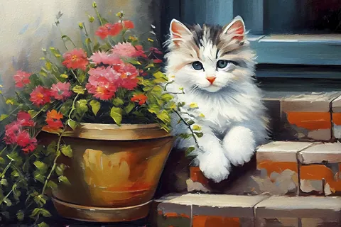 色鮮やかな花と子猫