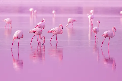 ピンクの湖のフラミンゴ
