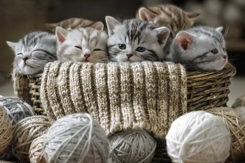 Ovillos de lana y gatitos