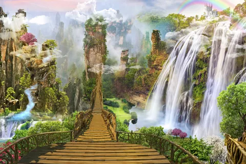 Ponte longa cercada de cascatas