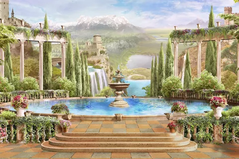 Jardim com grande lago e chafariz