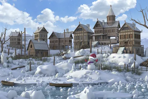 Cidade antiga coberta de neve