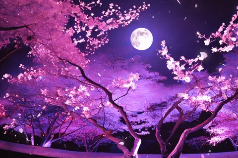 Cherry blossoms illuminated at night
