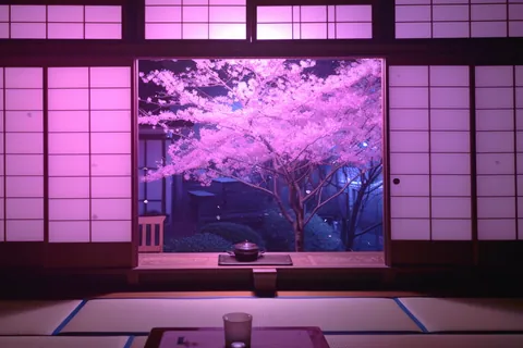 Cherry blossoms at night seen from a Japanese-style room