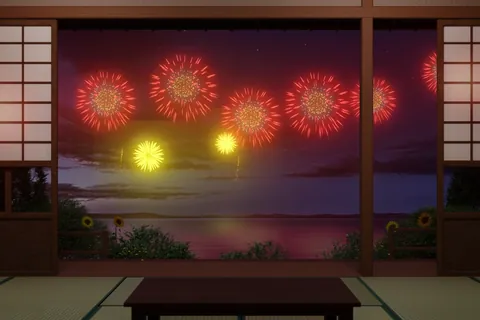 Fireworks seen from a Japanese-style room