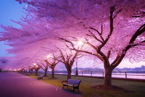 Row of trees with fluttering cherry blossoms