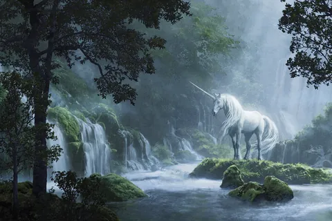 Cachoeira serena e unicórnio