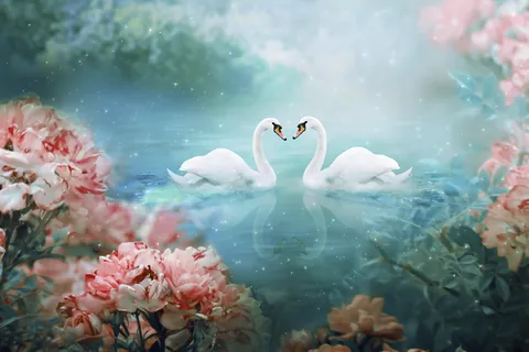 Flores escarlates e cisnes